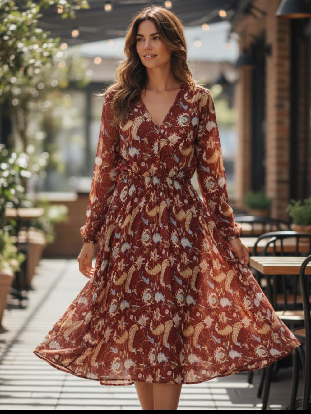 See You Soon Rust Floral Wrap-Style Midi Dress with Long Sleeves